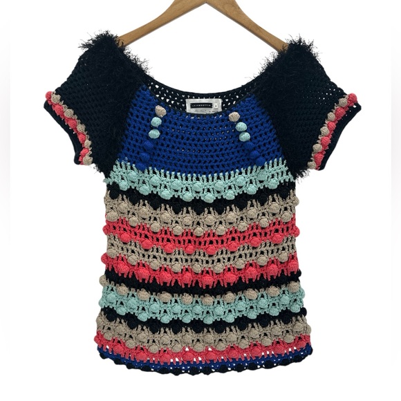 Leifsdottir Multicolor Boho Crochet Bobble Stitch Top Artisan Festival Knit S - Picture 1 of 10